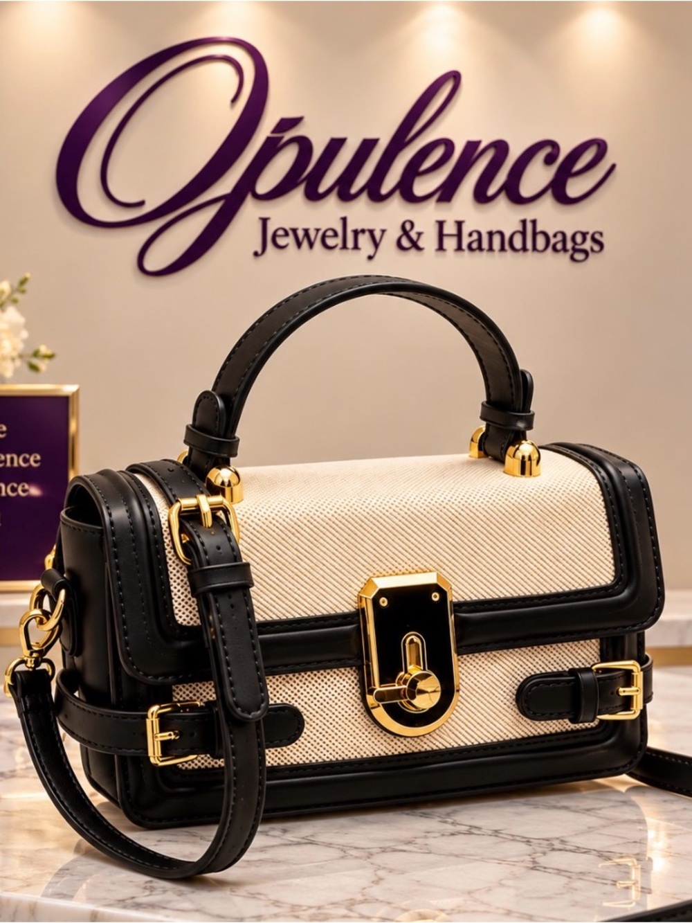 Black & Cream Structured Top-Handle Cross Body